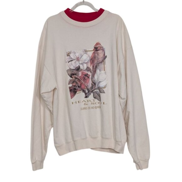 Vintage Cardinal Floral Sweatshirt Womens Size Large White Red Columbus Zoo - Picture 1 of 10